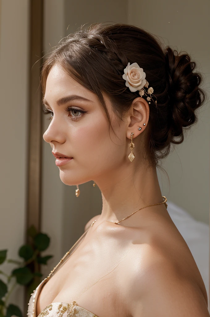 half bun hairstyles, glamorous dress, crescent moon motif earrings, rose flower hair ornament,