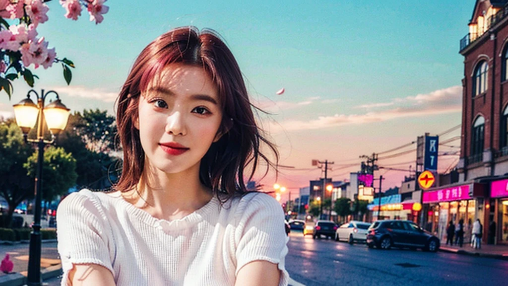 (8K,masterpiece,original,beat_quality),((Young fashion woman wearing white sweater and black dress)),(From head to thighs:1.5),8 Point Portrait,light makeup,smile,High resolution face,super realistic facial features(The camera in her hand),White skin,Pearl Skin,Confident,までBeautiful Face,Beautiful Face,Large Eyes,Elegant pink hair,Character is close to the camera,Stand in the photo,photo shoot,Medium Hair,Beautiful sky,There are a few clouds,evening,Cinematic Lighting Lamp Light,Fully functional,Aging Factory,There are many details in the environment,car,Bright colors,Bright Eyes,Perfect female body type,A breeze in the wind,Pink petals,電carが動いています,stage,sunset,The sun shines on the side,There are a few tourists in the background,Sense of drama,Fill the walls on both sides of the screen, old buildings,Caricature Expressions