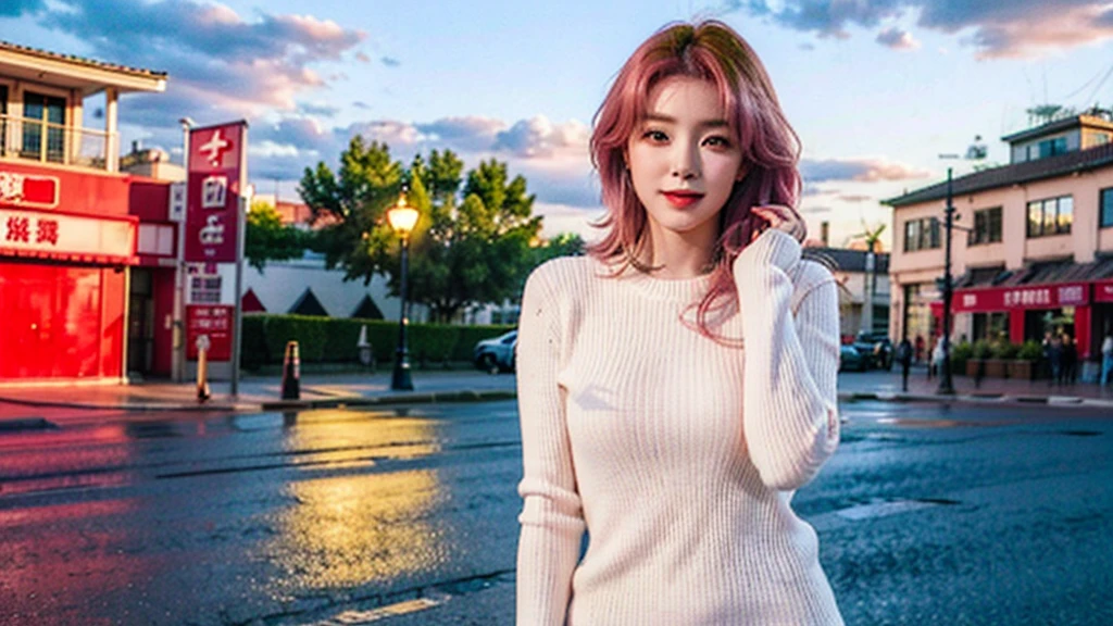 (8K,masterpiece,original,beat_quality),((Young fashion woman wearing white sweater and black dress)),(From head to thighs:1.5),8 Point Portrait,light makeup,smile,High resolution face,super realistic facial features(The camera in her hand),White skin,Pearl Skin,Confident,までBeautiful Face,Beautiful Face,Large Eyes,Elegant pink hair,Character is close to the camera,Stand in the photo,photo shoot,Medium Hair,Beautiful sky,There are a few clouds,evening,Cinematic Lighting Lamp Light,Fully functional,Aging Factory,There are many details in the environment,car,Bright colors,Bright Eyes,Perfect female body type,A breeze in the wind,Pink petals,電carが動いています,stage,sunset,The sun shines on the side,There are a few tourists in the background,Sense of drama,Fill the walls on both sides of the screen, old buildings,Caricature Expressions