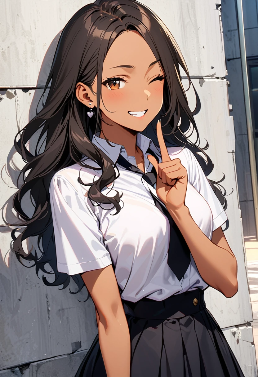 a woman, 19-years-old, solo, mature face, average height, tan skin, (long black wavy hair that's parted in the middle, no bangs:1.2), brown eyes, winking, one eye closed, white blouse, short sleeves, black necktie, black high-waisted skirt, small silver earrings, silver bracelet, leaning back against concrete pillar, concrete walls, indoor, playfully biting finger