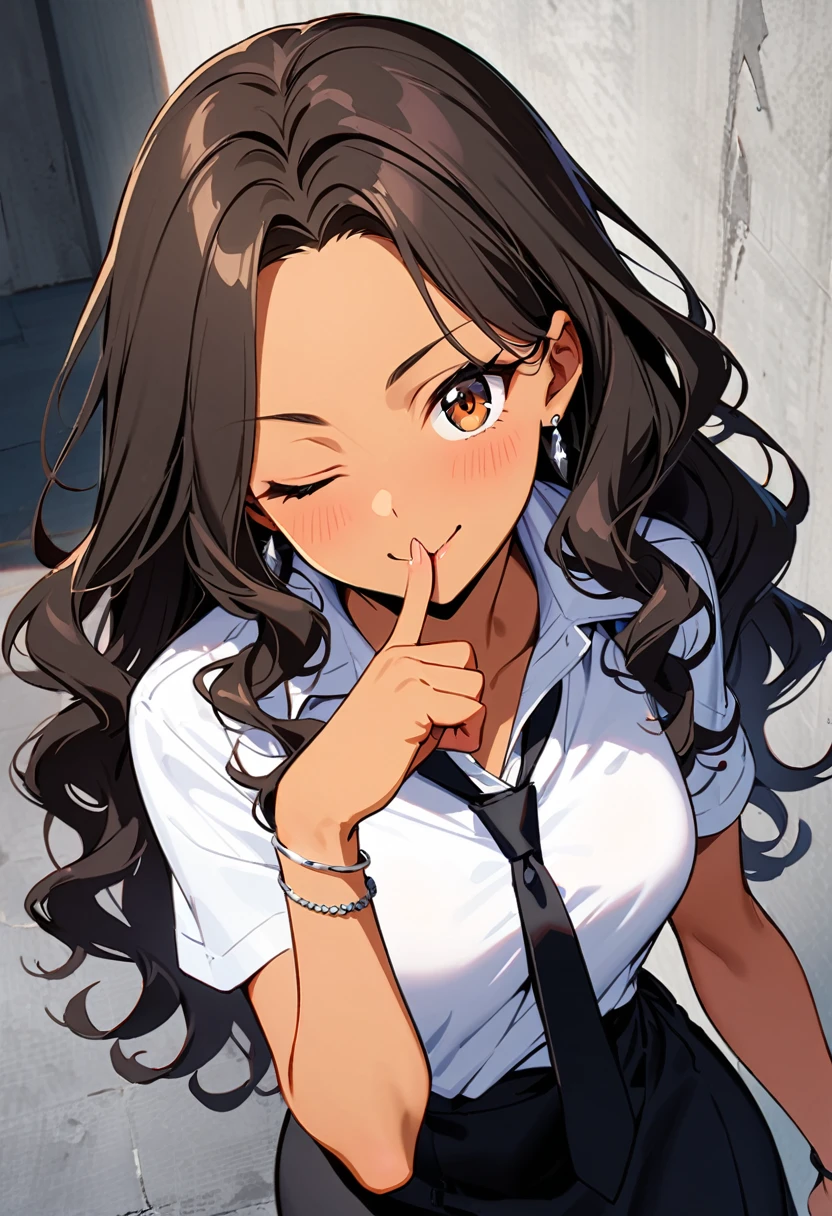 a woman, 19-years-old, solo, mature face, average height, tan skin, (long black wavy hair that's parted in the middle, no bangs:1.2), brown eyes, winking, one eye closed, white blouse, short sleeves, black necktie, black high-waisted skirt, small silver earrings, silver bracelet, leaning back against concrete pillar, concrete walls, indoor, playfully biting finger