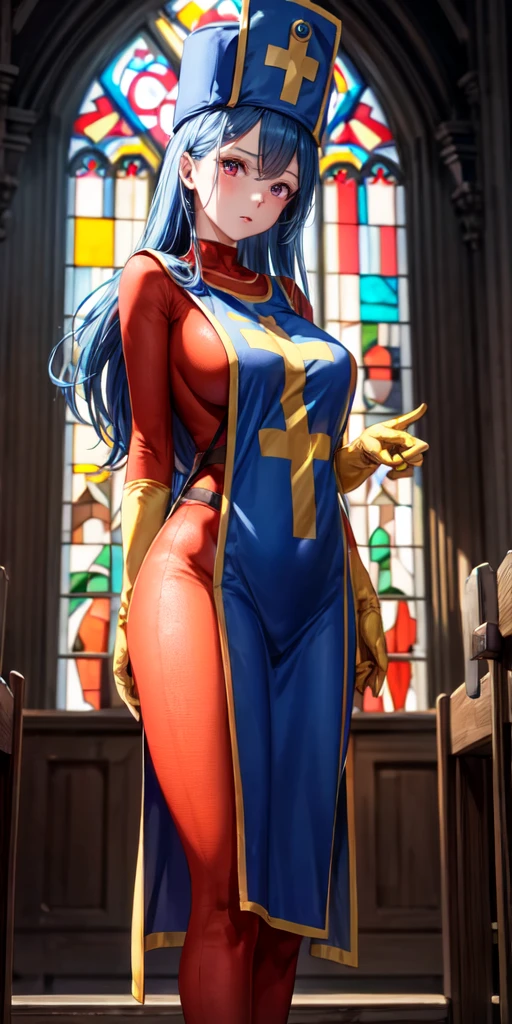 masterpiece, best quality, 4k, 8k, priest \(dq3\), 1girl, solo, long hair, blue hair, red eyes, mitre, tabard, cross print, orange bodysuit, elbow gloves, large breasts, praying, church, Stained glass, holylight, cowboy shot, from front, look at viewer, standing