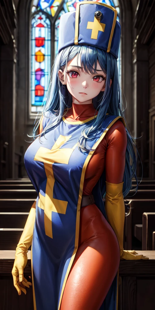 masterpiece, best quality, 4k, 8k, priest \(dq3\), 1girl, solo, long hair, blue hair, red eyes, mitre, tabard, cross print, orange bodysuit, elbow gloves, large breasts, praying, church, Stained glass, holylight, cowboy shot, from front, look at viewer, standing