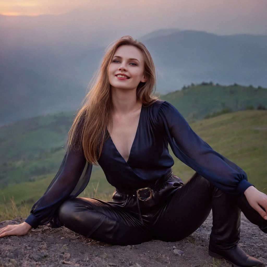 beautiful evil slavic woman, pale skin, long dark blond hair, muscular, Sitting on a hill, She wears a black silk blouse and leather pants, mountains, The fog is creeping,Low clouds lie in the valley, Indigo, sunset, Photo, smile, whole body, Sharp Focus, dynamic sexy pose, helios 44-2, swirling bokeh, Sharp Focus, complex parts, high detail, sharpness, character portrait, perfect lighting, masterpiece, Detailed backstory, Cinematic lighting, 8 k