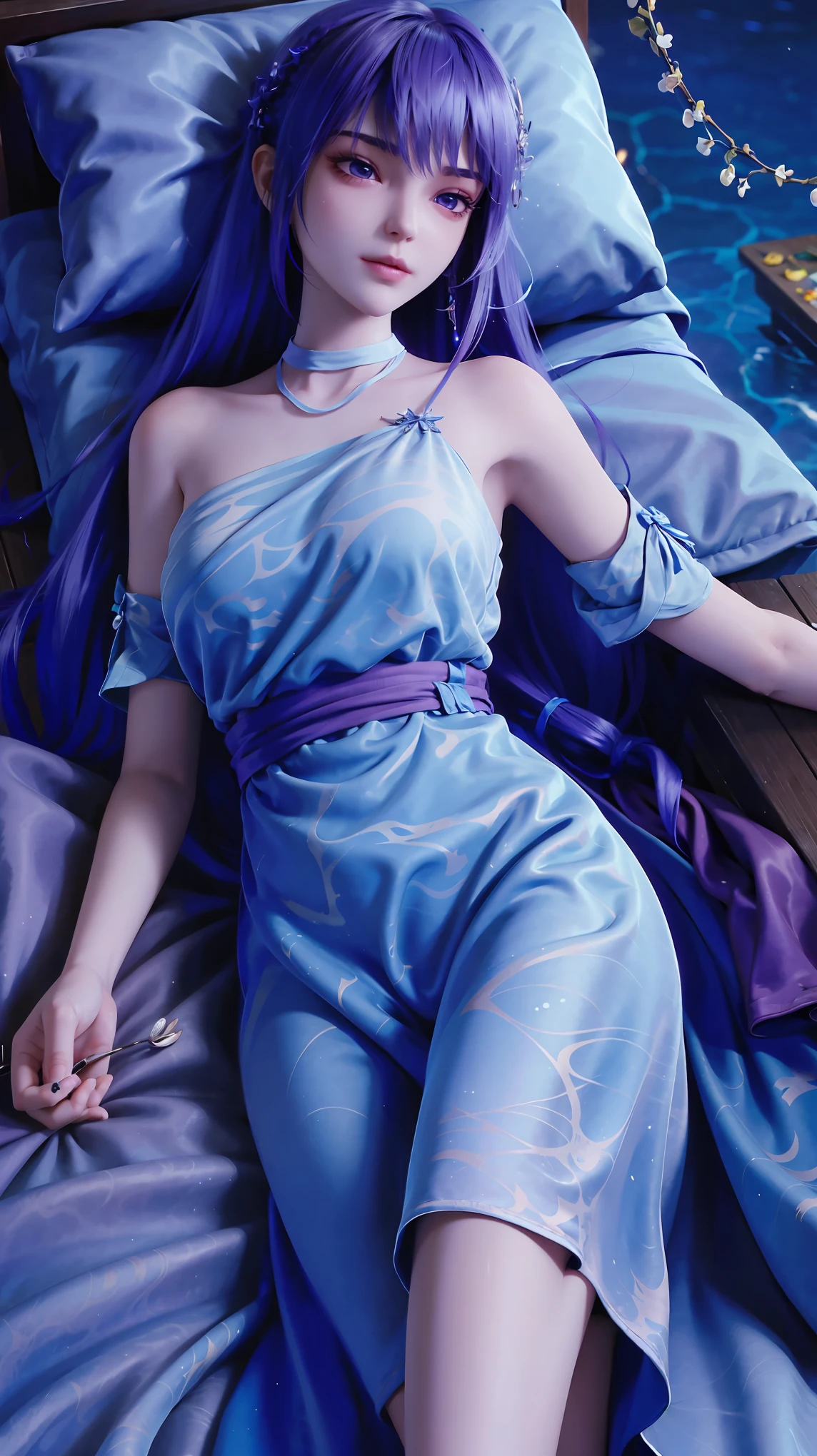 一个女孩Lying in bed，Wearing pink suspender pajamas，Face up，Raise your legs slightly，Front view super detailed beautiful big breasted girl 16 years old. Ultra HD, 4K, 8K, Movie，whole body，Lying down，Long legs，Very big breasts，whole body捕捉，（（（Lying in bed））），（（（whole bodyLying in bed））），Pink bed，Off-shoulder，Shoulder-length skirt，Lying in bed，Sleeping on the pillow，Lying down，Headrest pillows，（（（平Lying in bed））），whole body平Lying in bed