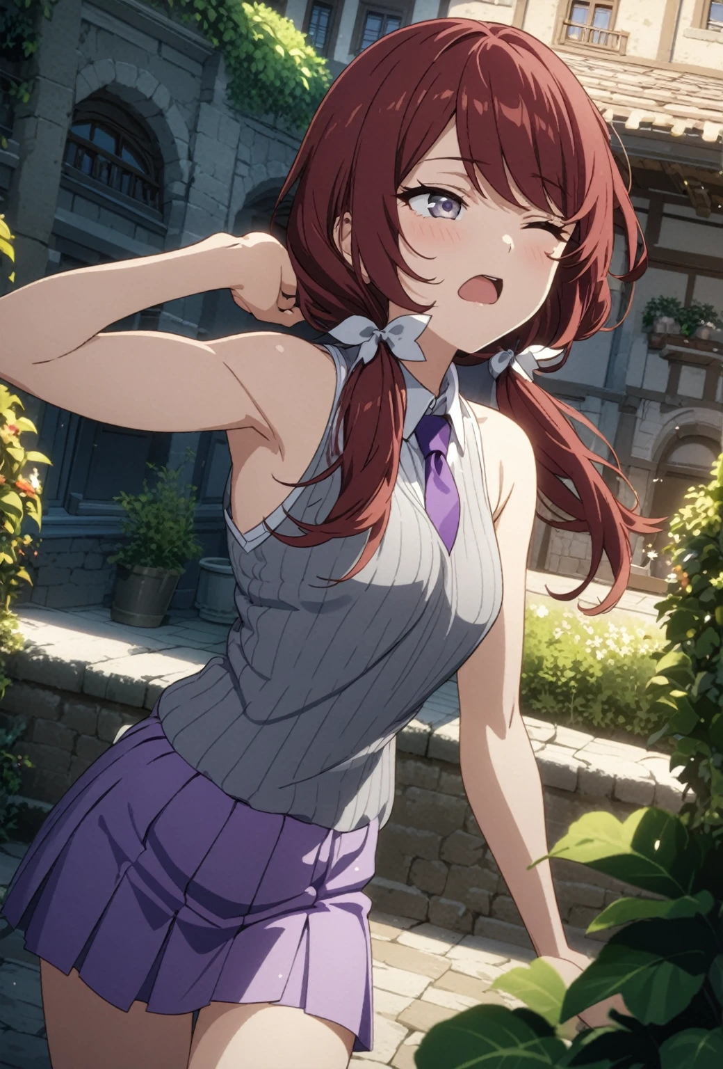 (masterpiece:1.2, Best Quality), (finely detailed beautiful eye: 1.2), (beautiful detailed face), High contrast, (Best Illumination, extremely delicate and beautiful), ((Cinematic Light)),, gray eyes, eyelashes, sleepy expression, dark red hair in low twin tails, swept bangs, stoic, ribbed sleeveless gray sweater, white sleeveless collared shirt, purple tie, purple skirt, small breasts, toned arms, waking up and stretching arms with a yawn, bicep, one eye closed, outdoors, courtyard, plants, buildings, people in background, anime
