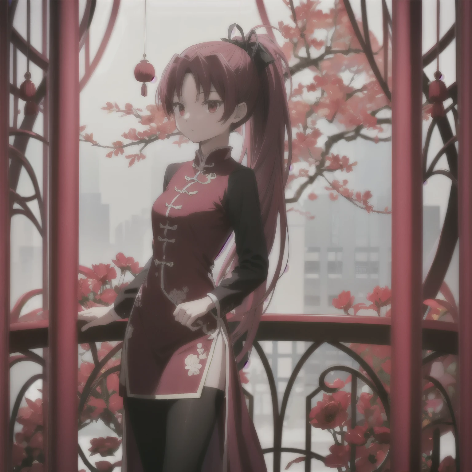 Redhead ponytail、red eyes、Beautiful girl alone、chinese clothes、Bright red rose garden、Black tights