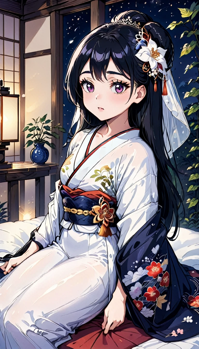 A beautiful -yeld press from the Sengoku period with long black hair　Gorgeous embroidery, Ultra glossy, She is wearing a shiny Japanese wedding kimono worn by brides（white without dirt）I am wearing....  On her wedding night, she has intense sex with an older man