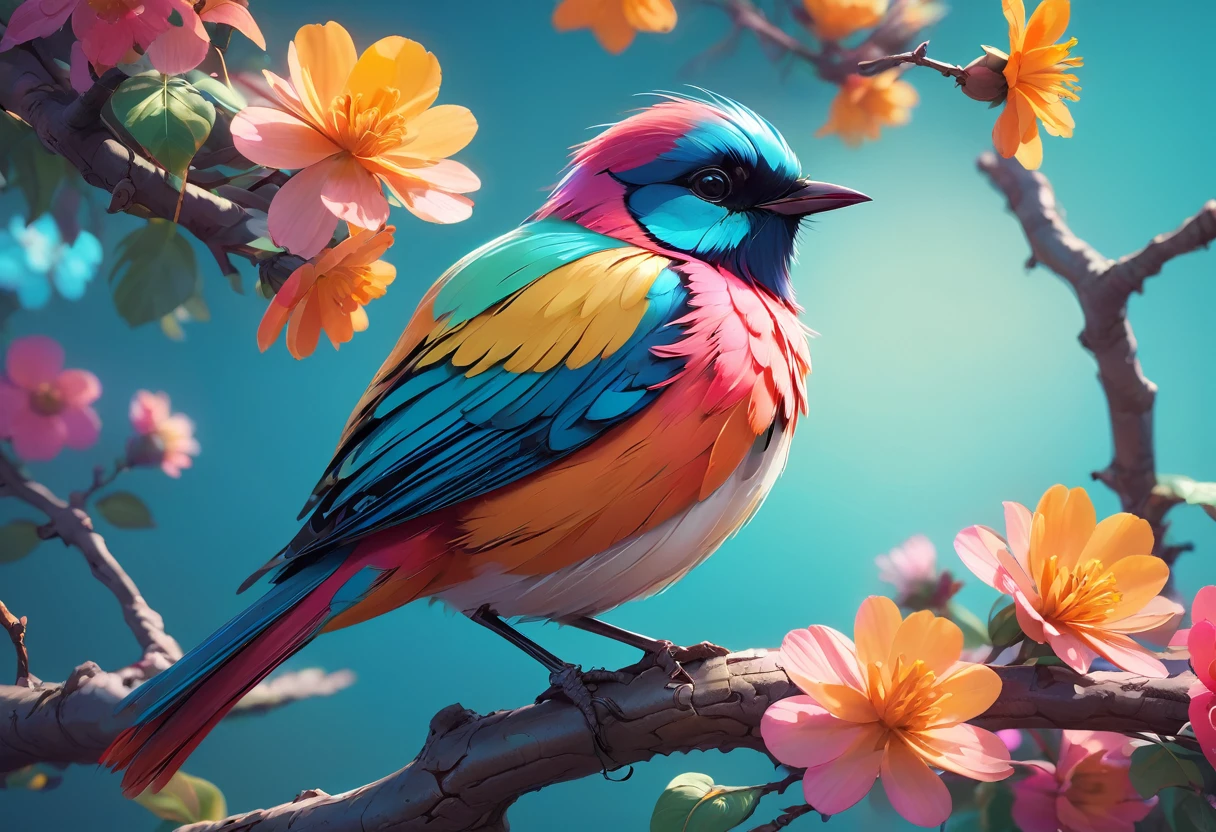 Colorful bird perched on a tree branch with flowers in the background２Feather bird, Cheek to cheek,Digital Painting by Beeple, Trending on CGSociety, Fantasy art, Beautiful digital art, Colors with attention to detail, Highly detailed digital artwork, 鳥 f cgsociety, cgsociety Saturated colors, Highly detailed color low poly art, Highly detailed digital art, Vibrant and realistic colors