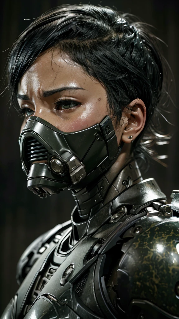 Textured skin, Very detailed, Attention to detail, high quality, 最high quality, High resolution, 1080P, hard disk, beautiful,(War Machine),beautifulサイボーグ女性,Mecha Cyborg Girl,Battle Mode,Girl with a mechanical body Black Hair Short Hair Boyish Dark green armor Sweaty and wet face Change is over Met Off Steam coming out of the head Steam coming out of the whole body Painful expression Please open your mouth wide Snug-fitting headgear Black inner suit Full body portrait Gas mask with long nozzle from the front