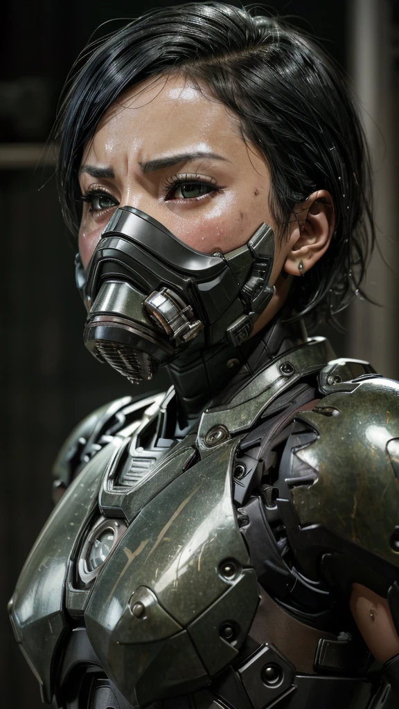 Textured skin, Very detailed, Attention to detail, high quality, 最high quality, High resolution, 1080P, hard disk, beautiful,(War Machine),beautifulサイボーグ女性,Mecha Cyborg Girl,Battle Mode,Girl with a mechanical body Black Hair Short Hair Boyish Dark green armor Sweaty and wet face Change is over Met Off Steam coming out of the head Steam coming out of the whole body Painful expression Please open your mouth wide Snug-fitting headgear Black inner suit Full body portrait Gas mask with long nozzle from the front
