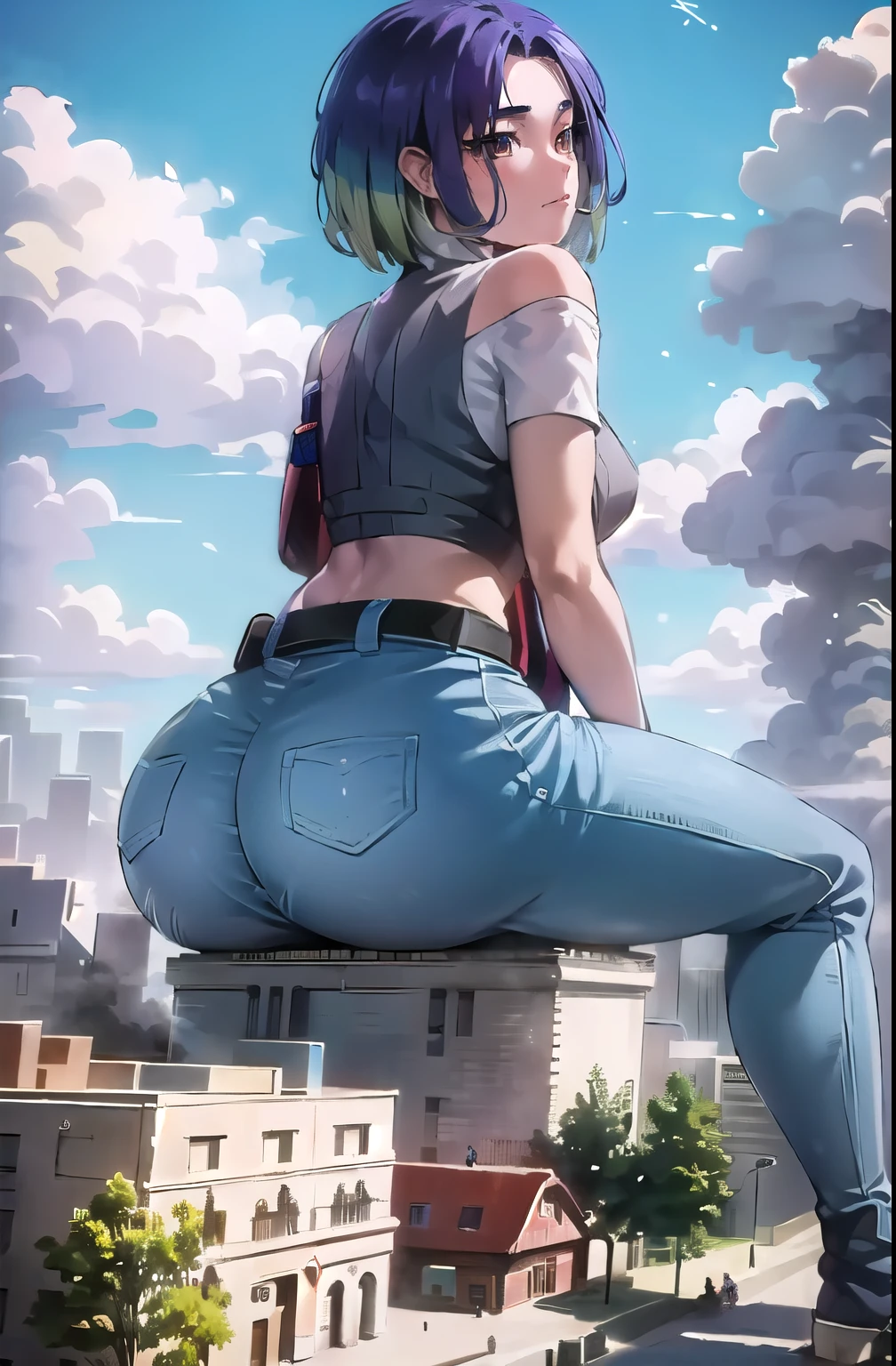 giantess, ((A giant lady bigger than a continent), Woman stooping, perrin_pokemon, huge breast, Mature Woman, big ass, denim, shirt, low angle, View from the womans feet, Great impact, Very small city, city, Woman sitting, Woman about to sit down, Woman sitting on the ground, Woman sitting on the ground in the city, Broken Building, Destroyed town, Smoke from the buttocks, Dust, Big cities, Background of the metropolis, A giantess sitting in the biggest city on the continent, Super huge girl bigger than a continent, from behind, from below, panorama