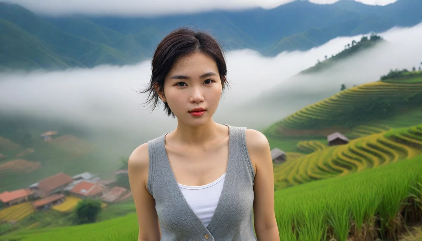 Beautiful Korean Woman, Chest size 34 inches, Wearing a sleeveless cardigan, wear a light skirt, Foggy scenery of Sapa, Vietnam, A terraced rice field is visible, short medium hair, Taken from a distance with a wide angle lens, Realistic living landscape, Front photo facing the camera, best picture quality, Short medium hair blowing in the wind.