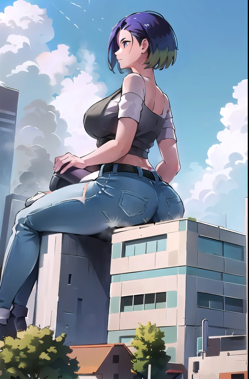 giantess, ((A giant lady bigger than a continent), Woman stooping, perrin_pokemon, huge breast, Mature Woman, big ass, denim, shirt, low angle, View from the womans feet, Great impact, Very small city, city, Woman sitting, Woman about to sit down, Woman sitting on the ground, Woman sitting on the ground in the city, Broken Building, Destroyed town, Smoke from the buttocks, Dust, Big cities, Background of the metropolis, A giantess sitting in the biggest city on the continent, Super huge girl bigger than a continent, from behind, from below, panorama