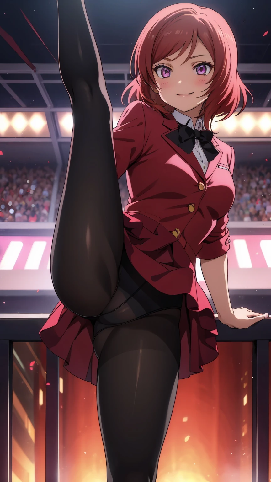 Maki Nishikino、One Girl, Five Fingers, mini skirt, Looking down at the viewer,, Highest quality, Focus on the thighs, Dynamic pose, smile, blazer, blouse, Black Pantyhose, panties under pantyhose, Standing Split, Stylish pose,My thighs and groin are steamy 、Crowd