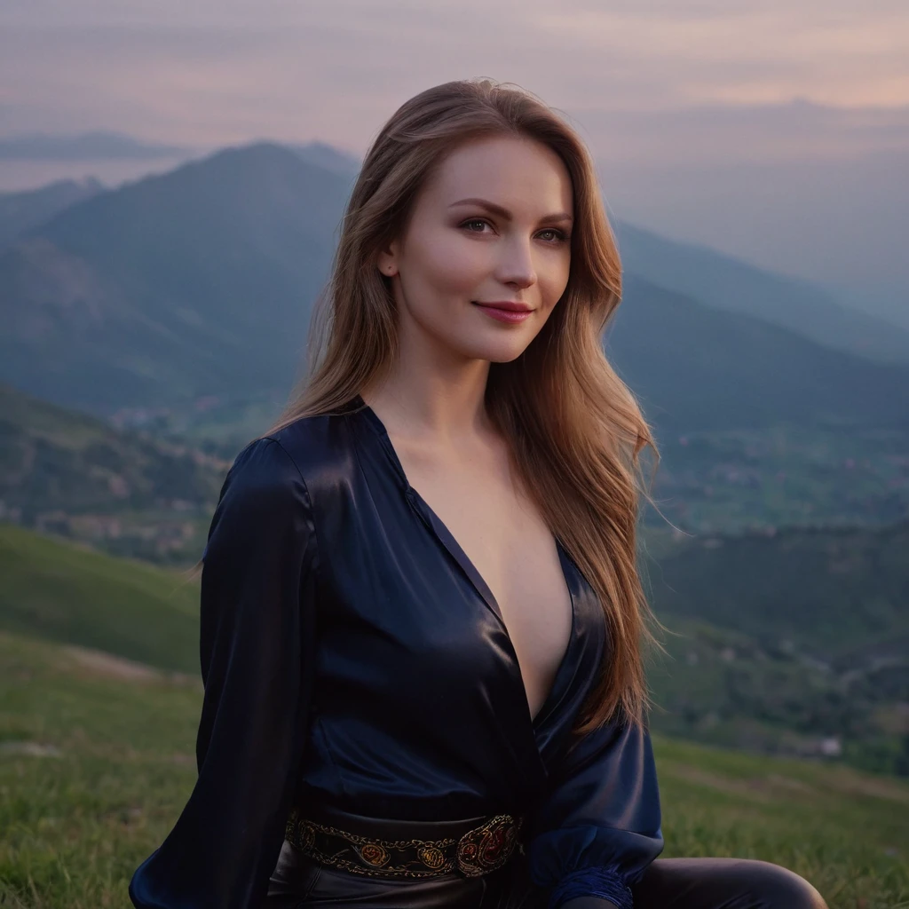 beautiful evil slavic woman, pale skin, long dark blond hair, muscular, Sitting on a hill, She wears a black silk blouse and leather pants, mountains, The fog is creeping,Low clouds lie in the valley, Indigo, sunset, Photo, smile, whole body, Sharp Focus, dynamic sexy pose, helios 44-2, swirling bokeh, Sharp Focus, complex parts, high detail, sharpness, character portrait, perfect lighting, masterpiece, Detailed backstory, Cinematic lighting, 8 k