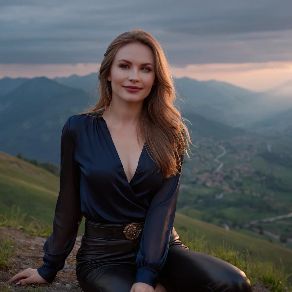 beautiful evil slavic woman, pale skin, long dark blond hair, muscular, Sitting on a hill, She wears a black silk blouse and leather pants, mountains, The fog is creeping,Low clouds lie in the valley, Indigo, sunset, Photo, smile, whole body, Sharp Focus, dynamic sexy pose, helios 44-2, swirling bokeh, Sharp Focus, complex parts, high detail, sharpness, character portrait, perfect lighting, masterpiece, Detailed backstory, Cinematic lighting, 8 k