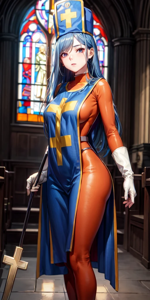 masterpiece, best quality, 4k, 8k, priest \(dq3\), 1girl, solo, long hair, blue hair, red eyes, mitre, tabard, cross print, orange bodysuit, elbow gloves, large breasts, holding staff, church, Stained glass, holylight, cowboy shot, from front, look at viewer, standing