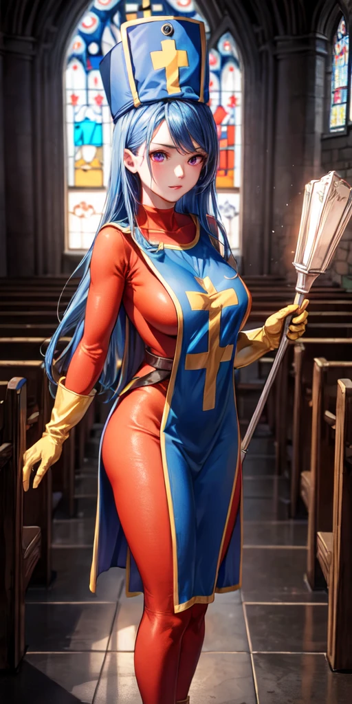 masterpiece, best quality, 4k, 8k, priest \(dq3\), 1girl, solo, long hair, blue hair, red eyes, mitre, tabard, cross print, orange bodysuit, elbow gloves, large breasts, holding staff, church, Stained glass, holylight, cowboy shot, from front, look at viewer, standing