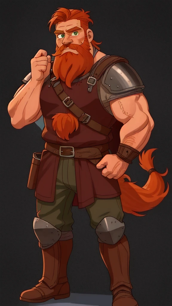 Ingólfr Einarr is a 40-year-old red-haired Viking man with a full beard, outgoing, muscular and very attractive, who wears his imposing medieval armor. hyper detailed and super realistic. haircut style with tail back and braided beard, orange-reddish color. cartoon style. Ingólfr Einarr raises his hand with a thumbs up in approval or like