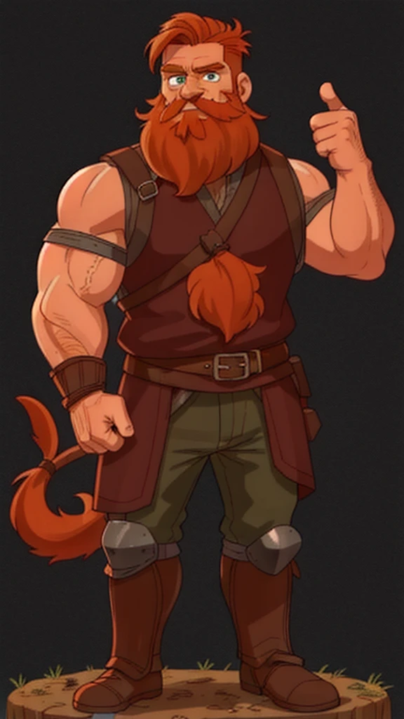 Ingólfr Einarr is a 40-year-old red-haired Viking man with a full beard, outgoing, muscular and very attractive, who wears his imposing medieval armor. hyper detailed and super realistic. haircut style with tail back and braided beard, orange-reddish color. cartoon style. Ingólfr Einarr raises his hand with a thumbs up in approval or like
