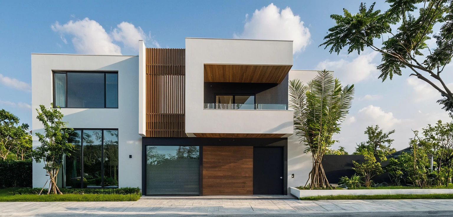 Masterpiece, high quality, best quality, authentic, super detail, outdoors, onestoreyvillaXL, aiaigroup, house style modern on the street ,stairs, white wall ,road,pavement, grass, trees, sky, cloud, (daylight:1.1),((pool front of villa))