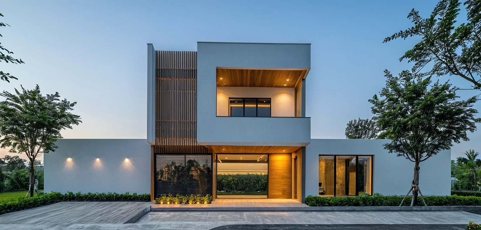 Masterpiece, high quality, best quality, authentic, super detail, outdoors, onestoreyvillaXL, aiaigroup, house style modern on the street ,stairs, white wall ,road,pavement, grass, trees, sky, cloud, (daylight:1.1),((pool front of villa))