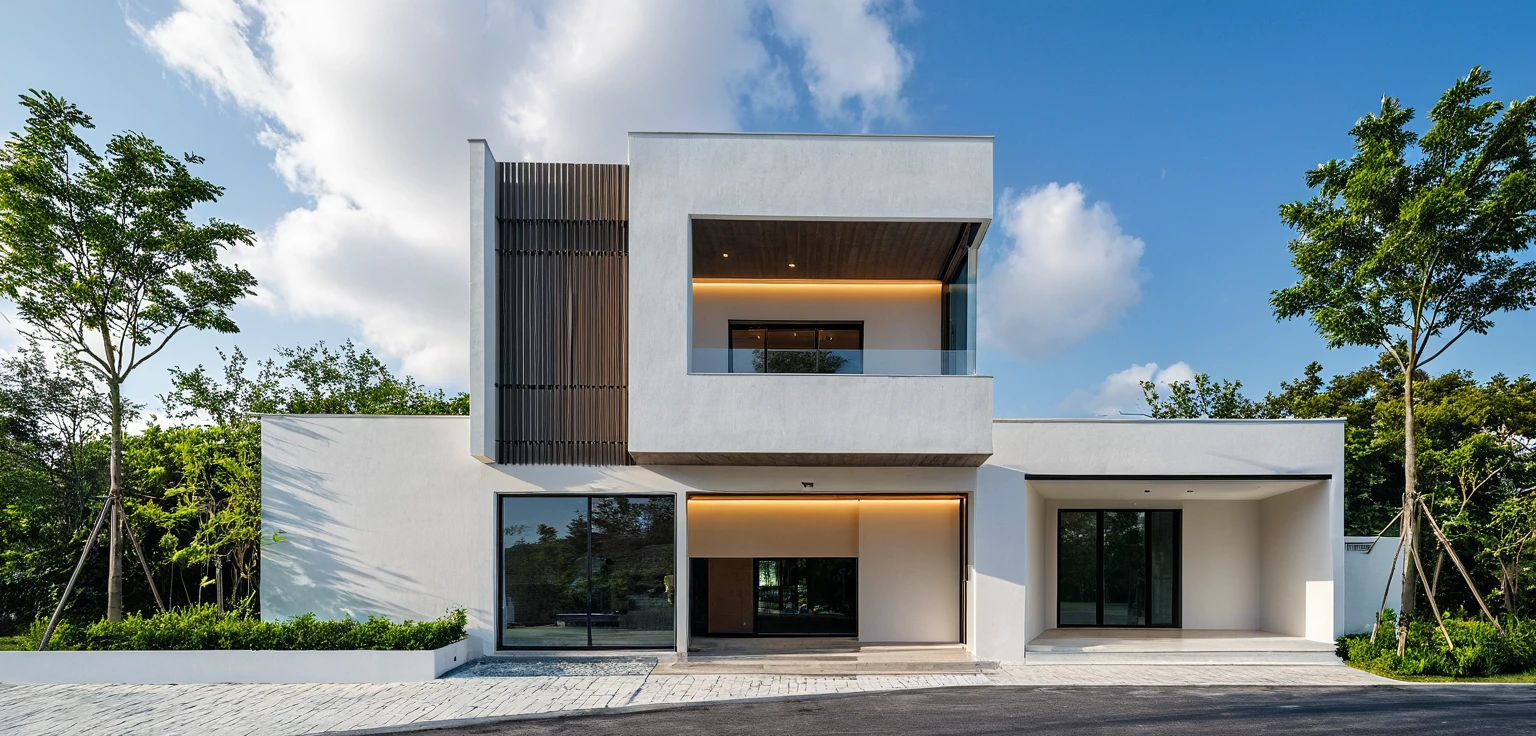 Masterpiece, high quality, best quality, authentic, super detail, outdoors, onestoreyvillaXL, aiaigroup, house style modern on the street ,stairs, white wall ,road,pavement, grass, trees, sky, cloud, (daylight:1.1),((pool front of villa))
