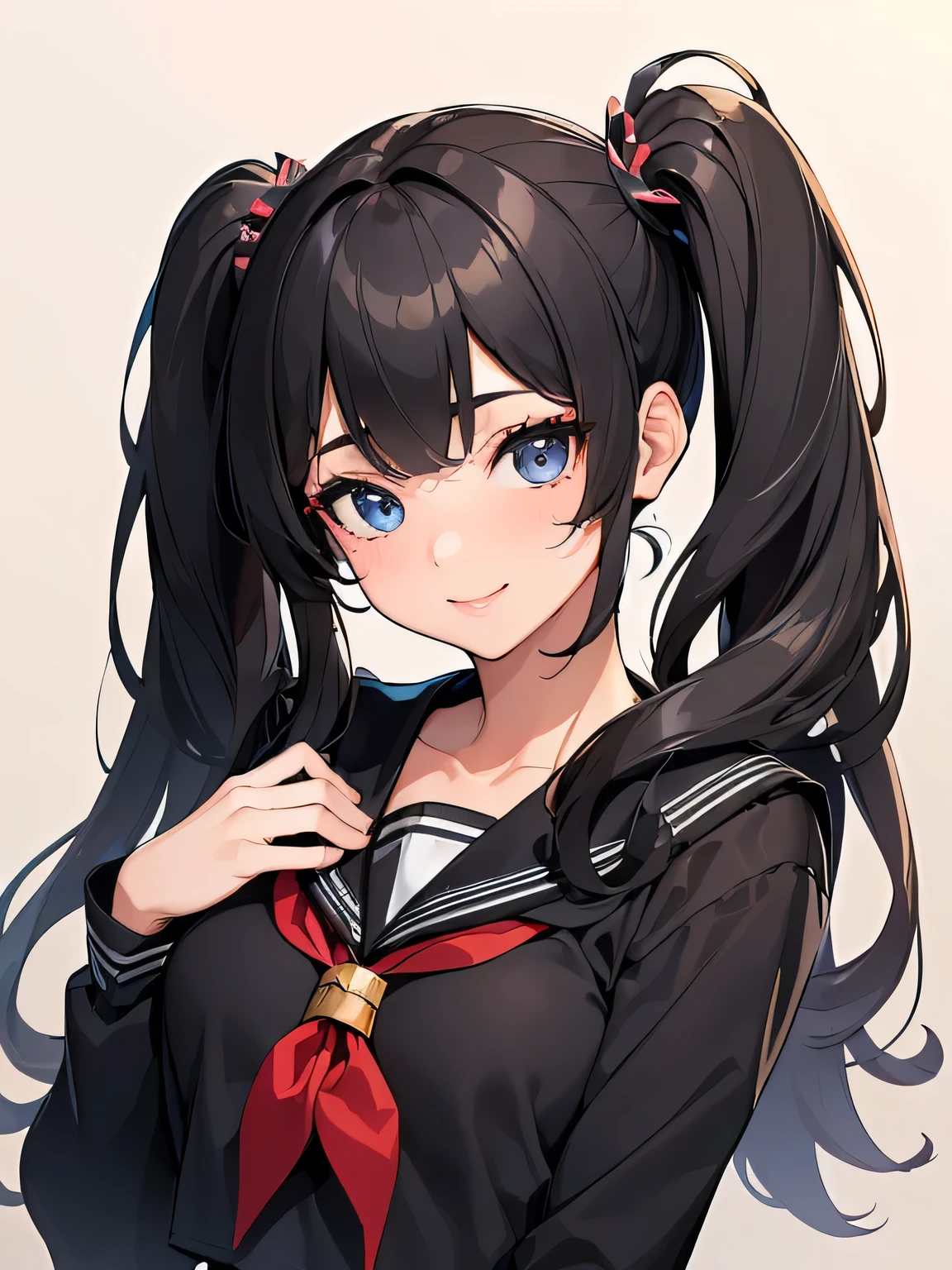 (of the highest quality, 4k, Masterpiece :1.3), beautiful woman, 1 girl, (chest, attractive body :1.2), JK:1.1, black fur: 1.1, twin tails, Sailor suit, Super detailed face, lip details, fine eyes, double eyelid, SMILE,