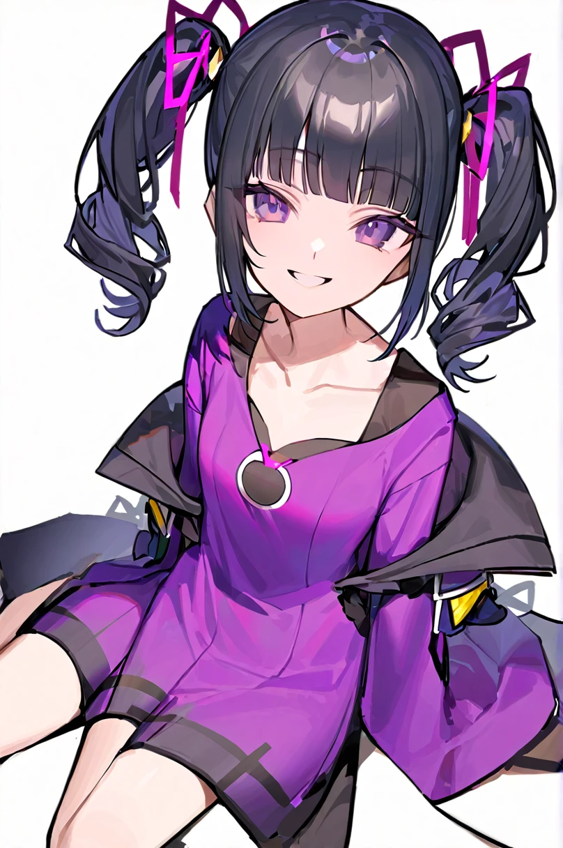 flat color, 1girl, solo, black hair, purple eyes, wariza, sitting, white background, , looking at viewer, smile, blunt bangs, looking at viewer, closed mouth, collarbone, twintails