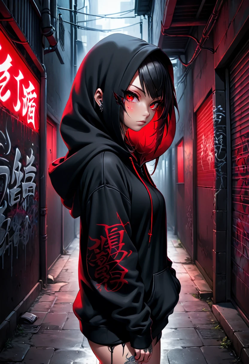 1girl, black hoodie, wearing the hood, tattoos, red eyes, dark alley, red graffiti, red japanese led