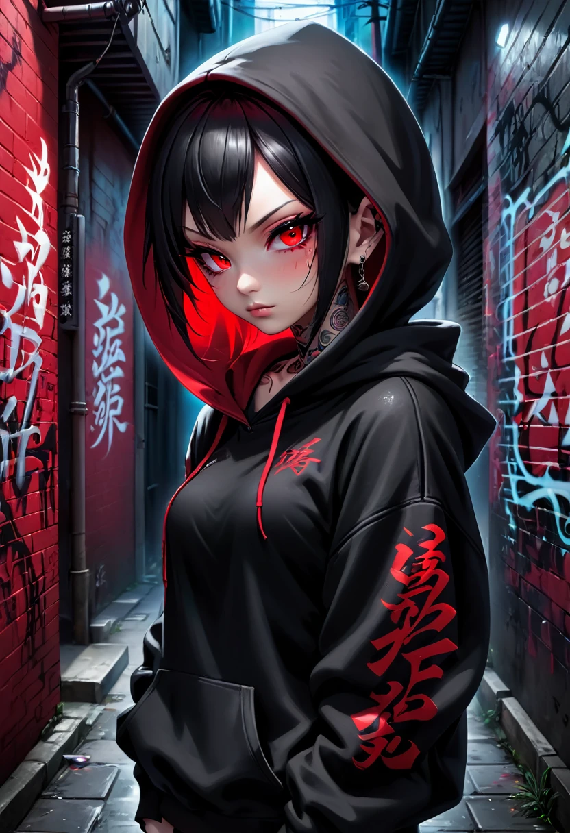 1girl, black hoodie, wearing the hood, tattoos, red eyes, dark alley, red graffiti, red japanese led