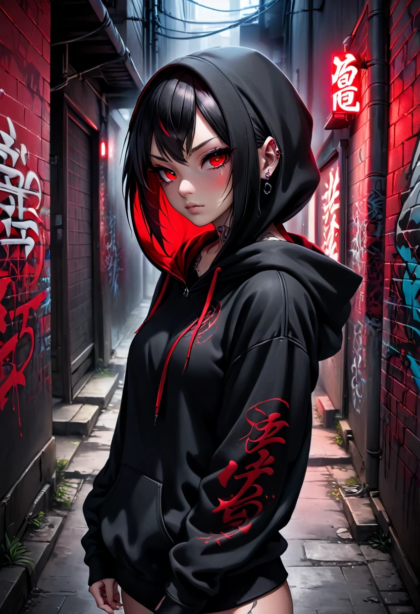 1girl, black hoodie, wearing the hood, tattoos, red eyes, dark alley, red graffiti, red japanese led