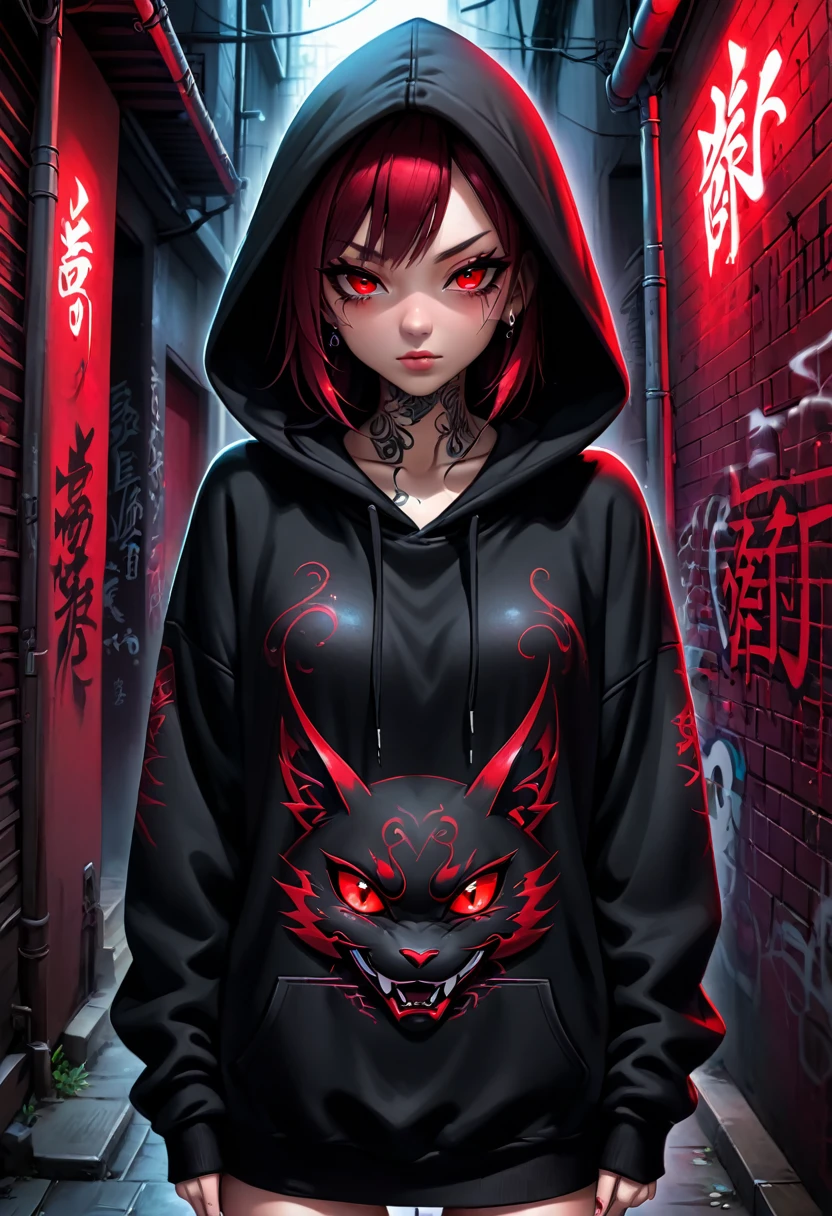 1girl, black hoodie, wearing the hood, tattoos, red eyes, dark alley, red graffiti, red japanese led
