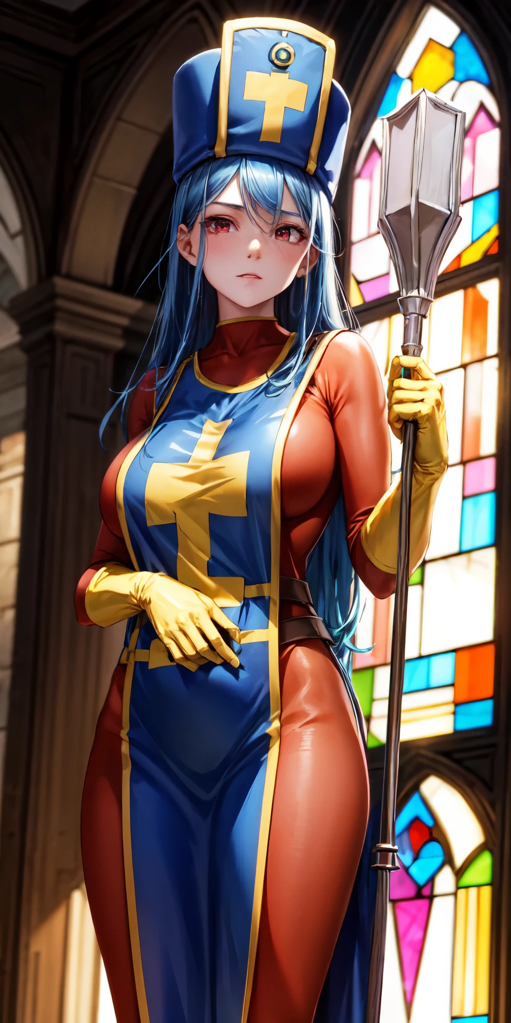 masterpiece, best quality, 4k, 8k, priest \(dq3\), 1girl, solo, long hair, blue hair, red eyes, mitre, tabard, cross print, orange bodysuit, elbow gloves, large breasts, holding staff, church, Stained glass, holylight, cowboy shot, from front, look at viewer, standing