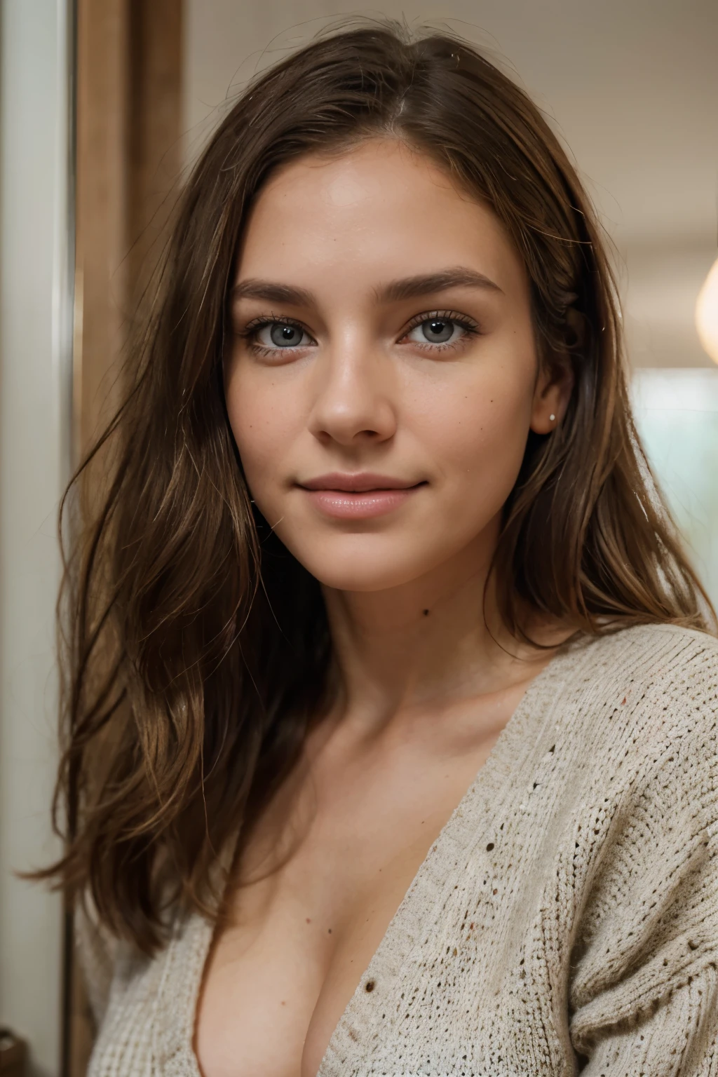 Beautiful brunette with blonde highlights wearing a beige sweater (in cozy office), very detailled, 30 years old, natural wavy hair, blue colored eyes, high resolution, work of art, best qualityer, high and intricate details, highy detailed, sharp focus, skin detailed, realistic skin texture, texture, detailedeyes, proffesional, 4K, charming smile, filmed in canon, 85mm, Shallow depth of field, Kodak Vision Colors, perfect shape body, extremely detaild, fotr_\(ultra\), photorrealistic, realisitic, after treatment, maximum details, roughness, real-life, ultra realist, fotorrealism, fot, 8k hd, fot