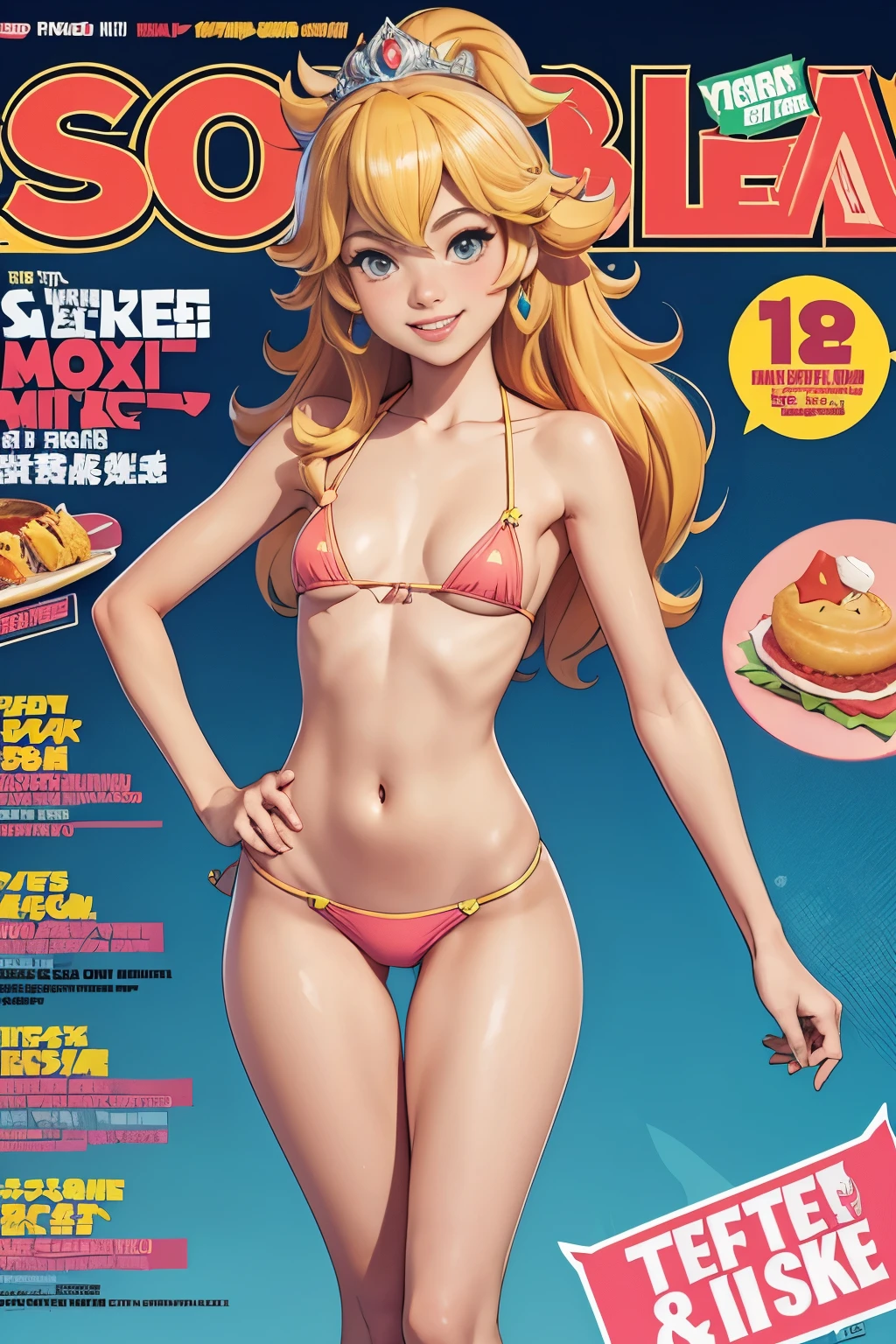 sports magazine cover, young woman, (Princess Peach), (slim:1.2), 18yo, (bikini), (flat chest:1.1), perfect body, smile, full body, thigh gap:1.4