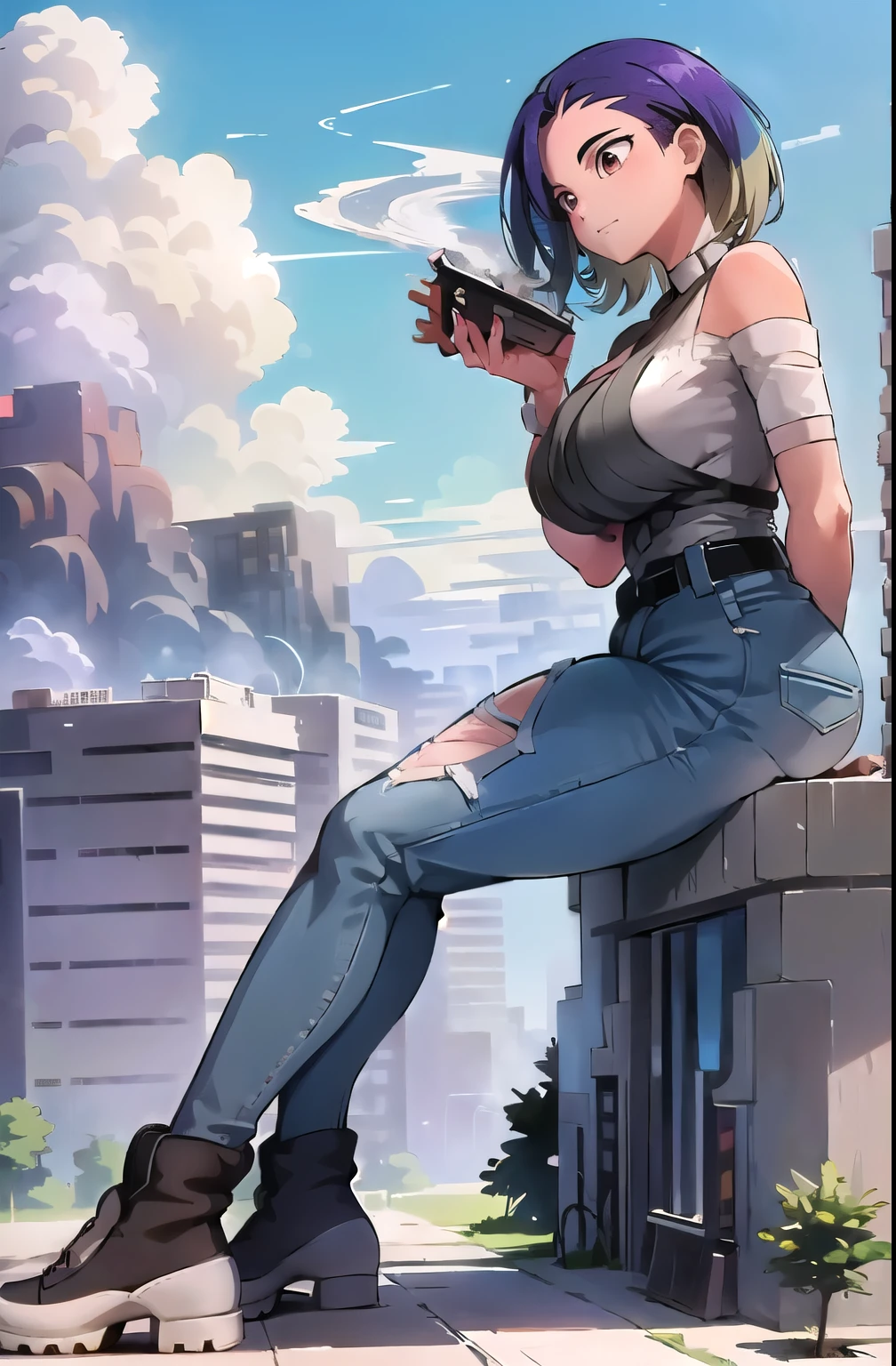 giantess, ((A giant lady bigger than a continent), Woman stooping, perrin_pokemon, huge breast, Mature Woman, big ass, denim, shirt, low angle, View from the womans feet, Great impact, Very small city, city, Woman sitting, Woman about to sit down, Woman sitting on the ground, Woman sitting on the ground in the city, Broken Building, Destroyed town, Smoke from the buttocks, Dust, Big cities, Background of the metropolis, A giantess sitting in the biggest city on the continent, Super huge  girl bigger than a continent, from behind, from below, panorama