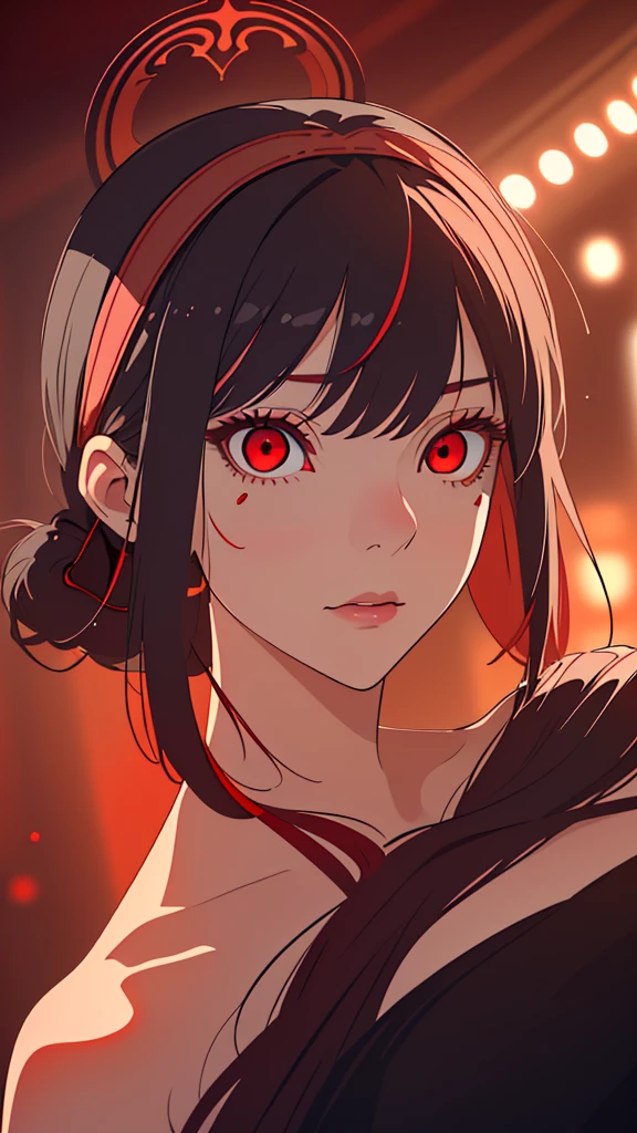 (best quality, Beautiful Lights, Realistic shadows), 1 Girl, (Your wild rose Ratata, Bangs, Side lock, Headband, (Red Eyes:1.5), Delicate skin, Detailed face and eyes, Contoured eyes