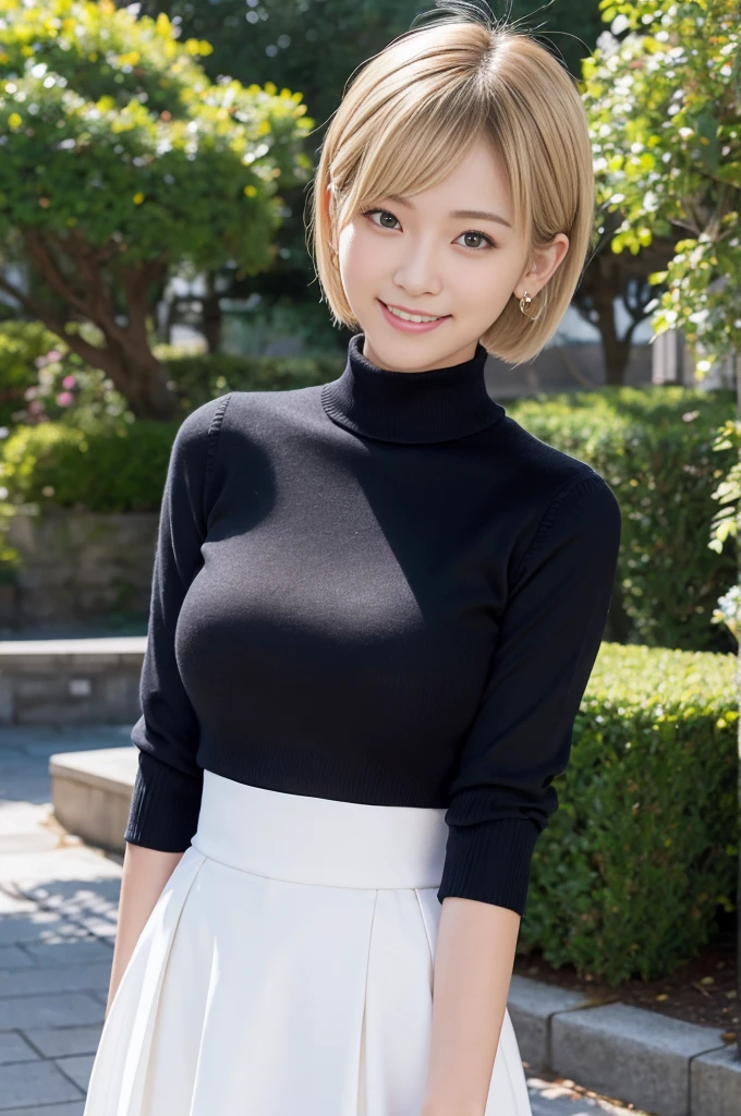 Masterpiece,4K,8K,real,One Woman,Japanese,27 years old,high school girl,Natural blonde short cut,fine,Active,bright,healthy,nice smile,An innocent smile,Elegant,clear,Kind Face,Large Breasts,,e cup bust,Charm,Black turtleneck sweater,High Waist Midi Skirt,pointed toe pumps,Clutch bags,Pearl Earrings,The background is a park