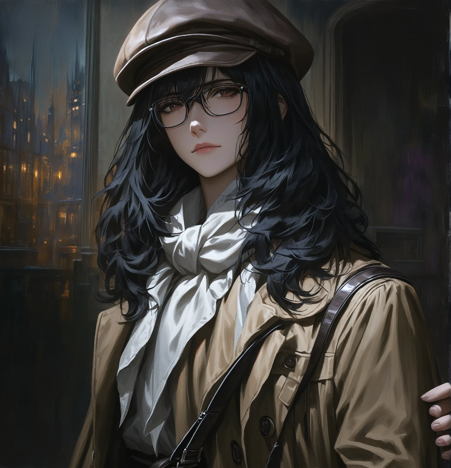 ((adult)), (woman), ((tall)), ((Ryoshu from Limbus company)) , masterpiece, best quality, dark aura,
short black hair, glasses, plain white shirt, brown coat, black pants, white kerchief around neck, flat cap carrying a robust leather bag, (faint smile), realistic anime style, (oil painting), dark old manor background, night, impasto.
