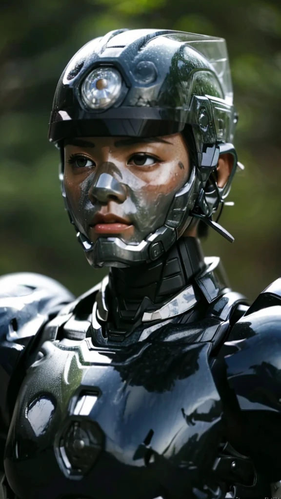 Textured skin, Very detailed, Attention to detail, high quality, 最high quality, High resolution, 1080P, hard disk, beautiful,(War Machine),beautifulサイボーグ女性,Mecha Cyborg Girl,Battle Mode,Girl with a mechanical body　Black Hair　Short Hair Boyish　Dark green armor　Sweaty and wet face　Change is over　Met Off　Steam coming out of the head　Steam coming out of the whole body　Painful expression　Please open your mouth wide　Snug-fitting headgear　Black inner suit　Full body portrait　Gas mask with long nozzle from the front