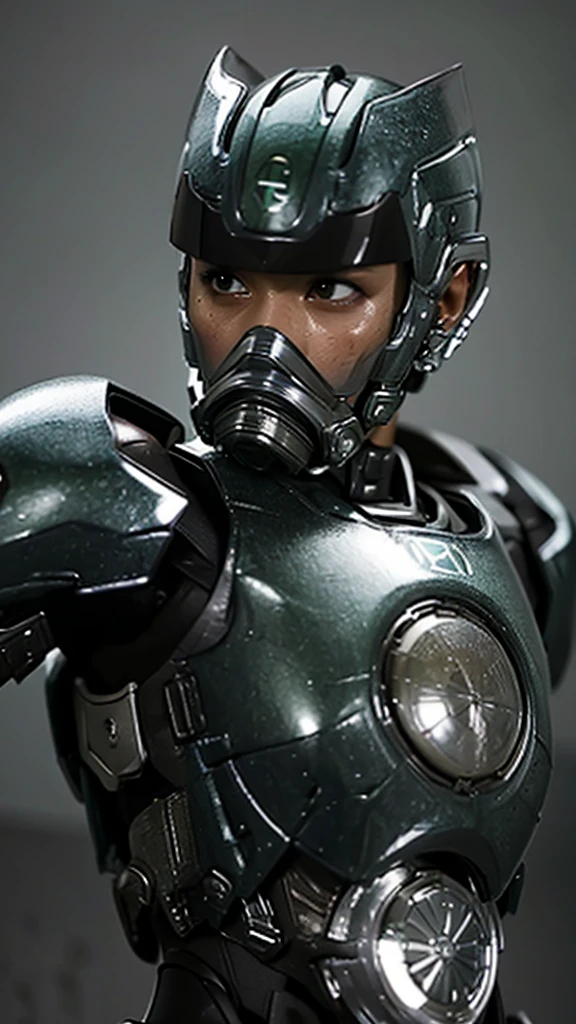 Textured skin, Very detailed, Attention to detail, high quality, 最high quality, High resolution, 1080P, hard disk, beautiful,(War Machine),beautifulサイボーグ女性,Mecha Cyborg Girl,Battle Mode,Girl with a mechanical body Black Hair Short Hair Boyish Dark green armor Sweaty and wet face Change is over Met Off Steam coming out of the head Steam coming out of the whole body Painful expression Please open your mouth wide Snug-fitting headgear Black inner suit Full body portrait Gas mask with long nozzle from the front