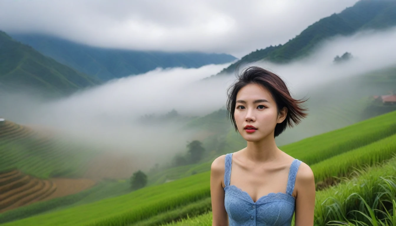 Beautiful Korean Woman, Chest size 34 inches, Wear a bustier and a light skirt, Foggy scenery of Sapa, Vietnam, A terraced rice field is visible, short medium hair, Taken from a distance with a wide angle lens, Realistic living landscape, Front photo facing the camera, best picture quality, Short medium hair blowing in the wind