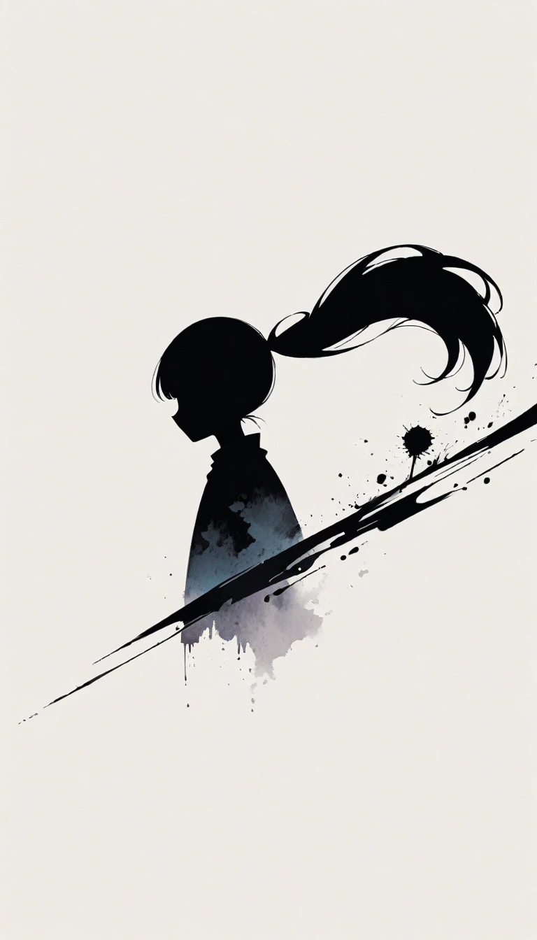 Twin ponytail girl, Gothic style, Minimalism, Linear style, Huge negative space, Ink Painting, Abstract