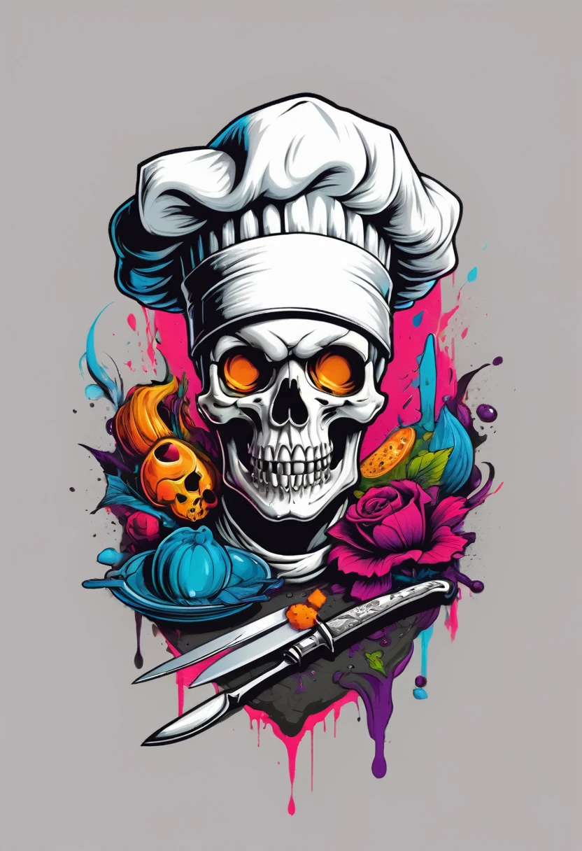 Design a t-shirt featuring a fantasy skullart illustration of a scary skull with a white chef hat  Combine a detailed black and white drawing with vibrant, colorful digital fantasy elements knife, froke, creepy dishes. Draw inspiration from the intricate and dynamic styles of Dan Mumford, junko mizuno, and Frank Frazetta.negative space