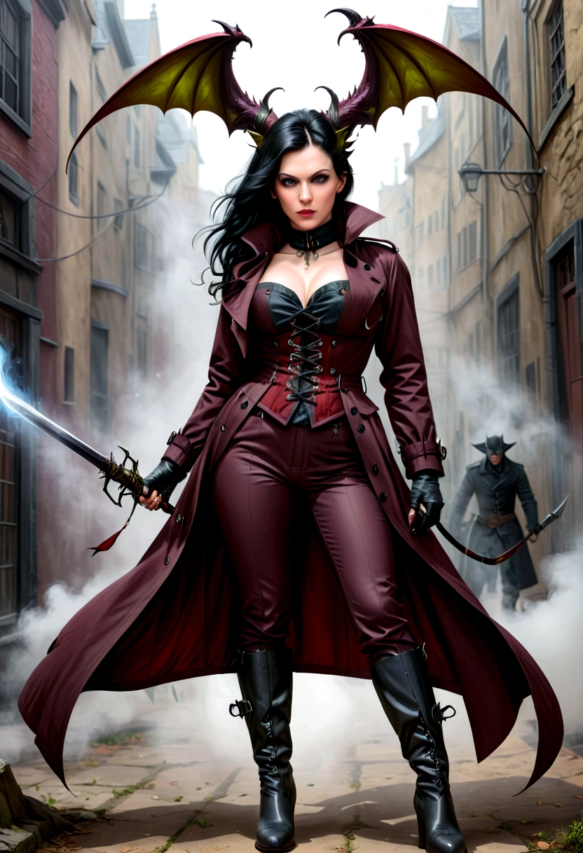 /imagine prompt: 30-year-old European woman with pale white skin, black hair, gray eyes, wearing a long burgundy trench coat, corset, tight pants, and long boots, portraying a demon hunter. Create detailed illustrations capturing her physical features, outfit details, weapon poses, and facial expressions in a variety of dynamic action sequences such as combat, stealth, and agility, Illustration, using a comic book style with bold lines and vibrant colors to emphasize the character's strength and agility, --ar 1:1 --v 5