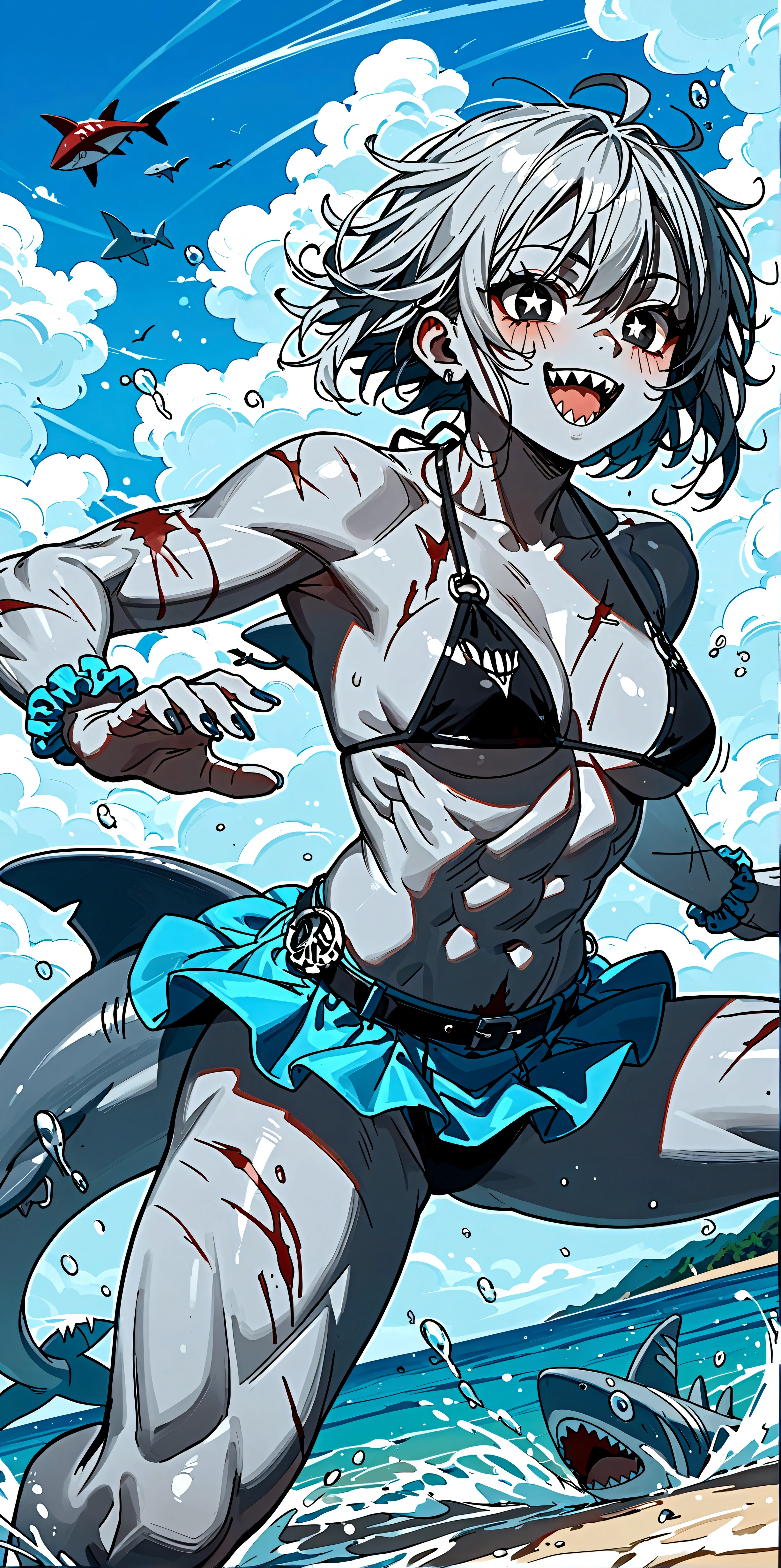 score_9, score_8_up, score_7_up, score_6_up, score_5_up, score_4_up, source_anime,source_furry,rating_safe,rating_questionable,masterpiece, best quality, perfect anatomy , very aesthetic , absurdres , BREAK ,solo,1girl\(shark girl,cute, jagged sharp teeth, large mouth, sucking fish, scarred face, scarred body, muscular, dorsal fin at back, large black eyes, (large pupils:1.3),shark eye, (gray skin:1.2), shark skin, (evil smile),(combed-back hair), motion blur, string bikini\), BREAK ,background(\under the sea, bloody\),dynamic action,dynamic pose,dynamic angle