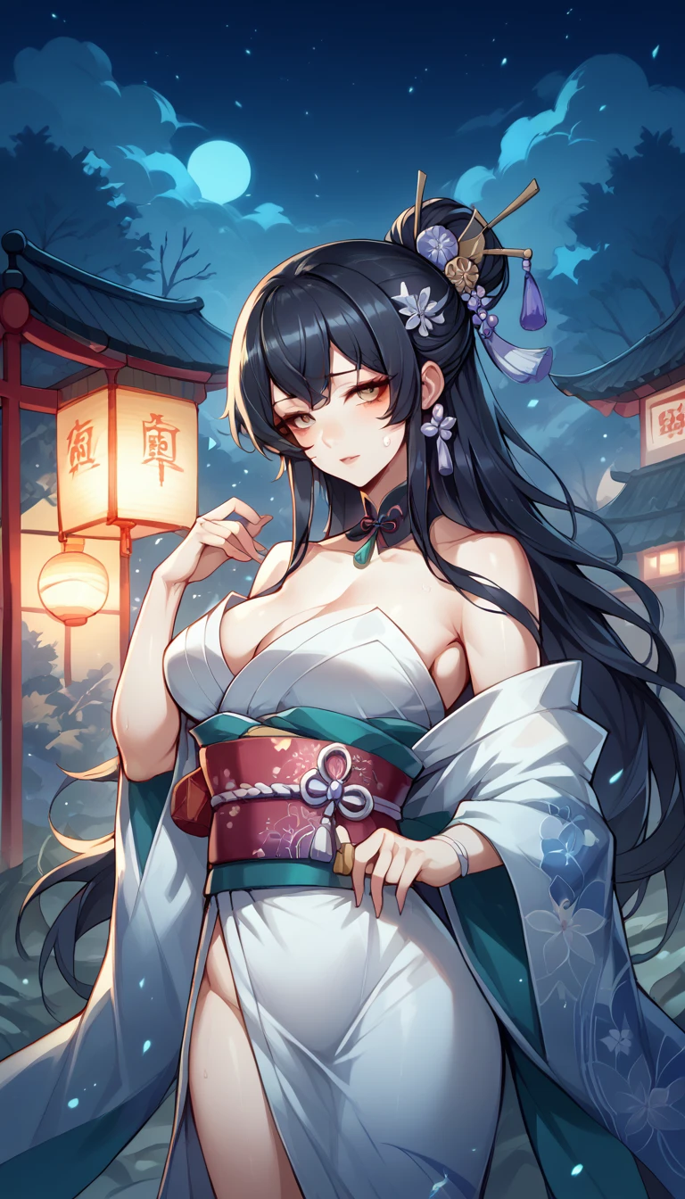 A beautiful -yeld press from the Sengoku period with long black hair　Gorgeous embroidery, Ultra glossy, She is wearing a shiny Japanese wedding kimono worn by brides（white without dirt）I am wearing....  On her wedding night, she has intense sex with an older man