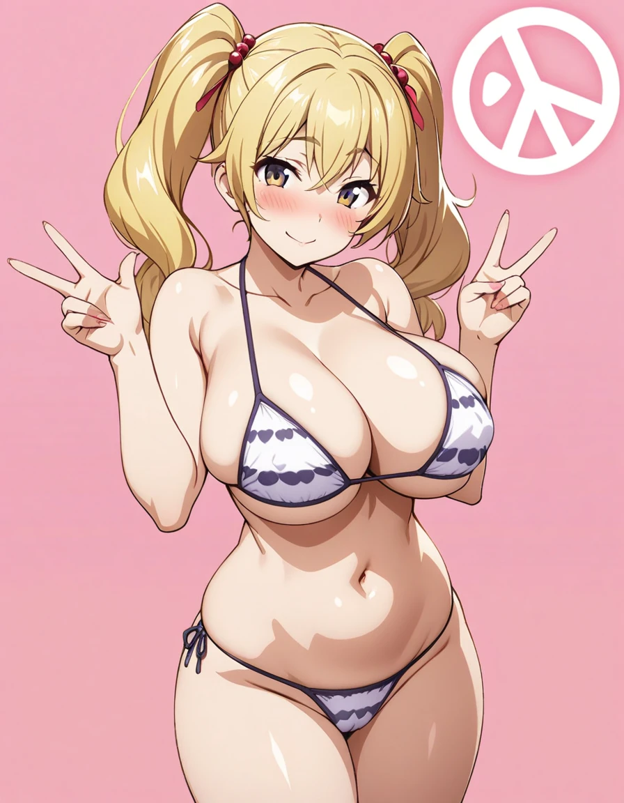 lockheart, 1girl, official art, oppai , blond hair, twintail, large breast, groin, bikini, standing, contrapposto, smile, naughty, mesugaki, blush, vulgarity, white background, simple background, peace sign, nsfw